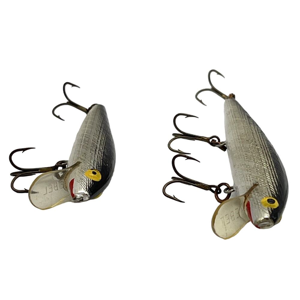 Lot of 2 Vintage Rebel Floater Minnow Fishing Lure Black/Silver White Belly
